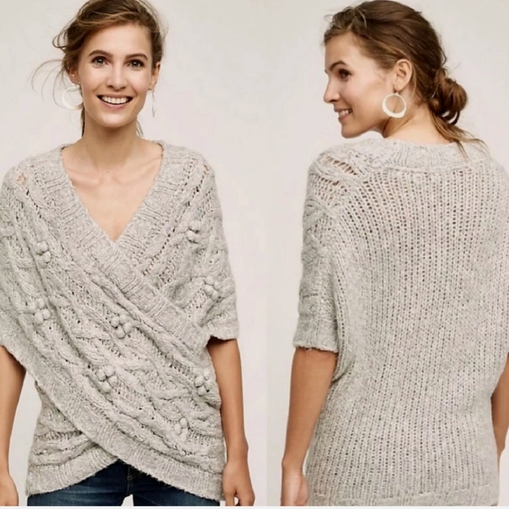Sleeping On Snow Anthropologie Crossover Wrap Gray Cable Knit Sweater Sz xs-s
